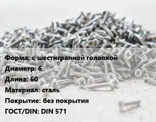 Шуруп с шестигранной головкой 6х60 сталь без покрытия ГОСТ: DIN 571